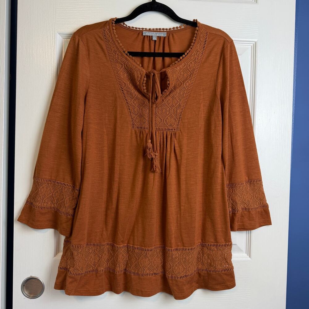 Daniel Rainn Lace Crochet Tunic Top Medium Rust Orange 3/4 Sleeve Boho